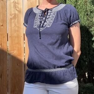 Style & Co. Navy Blouse with White Embroidery 100% cotton